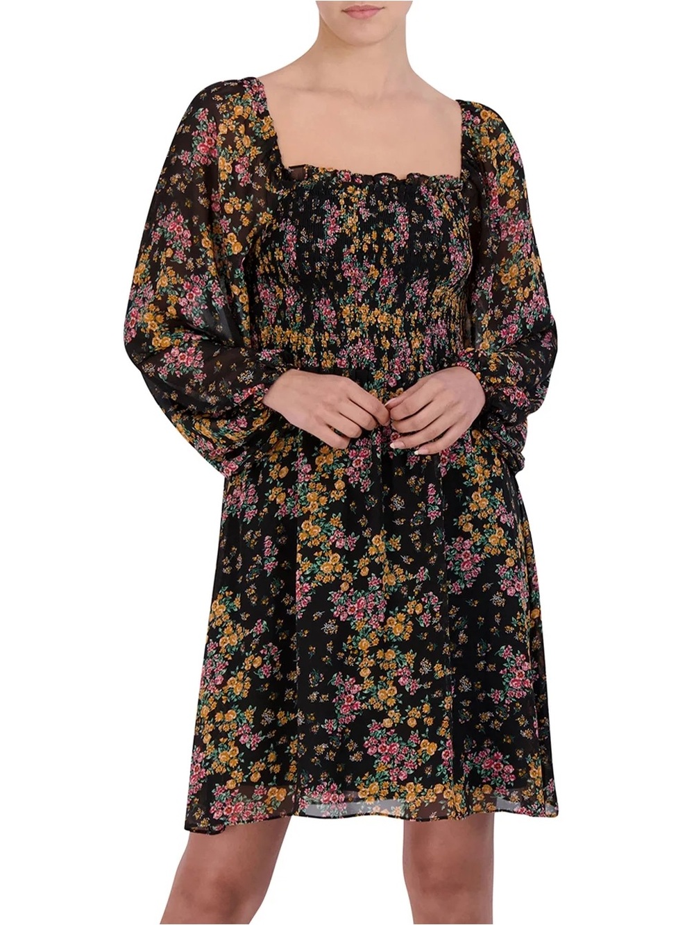 BCBG Paris Floral Smock Midi Dress in Black with Pink & Yellow Blooms